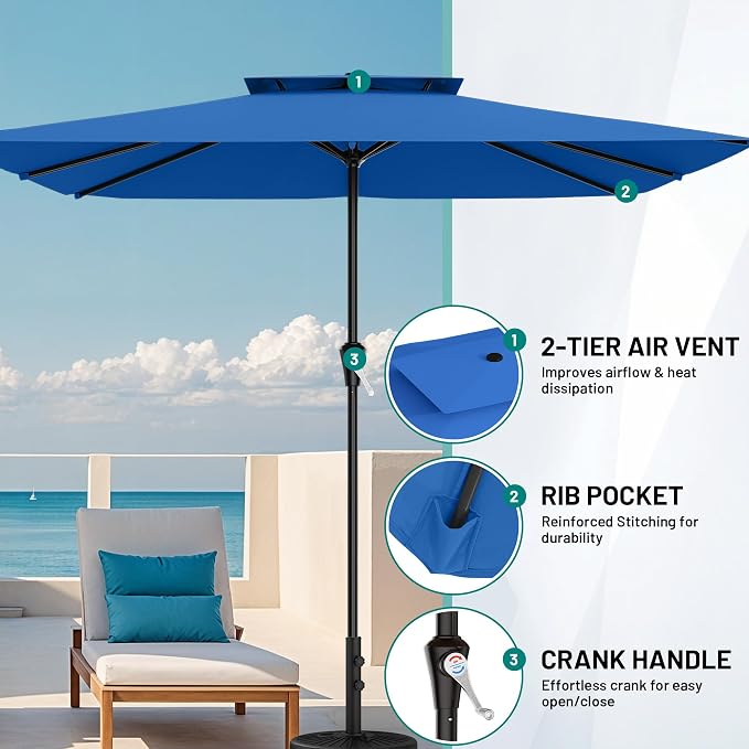AreShark 8'x10' 2 Tiers Rectangular Patio Umbrella - Outdoor Umbrella Waterproof UV Protection, Market Table Umbrella w/Crank for Pool, Backyard, Deck(Royal Blue)