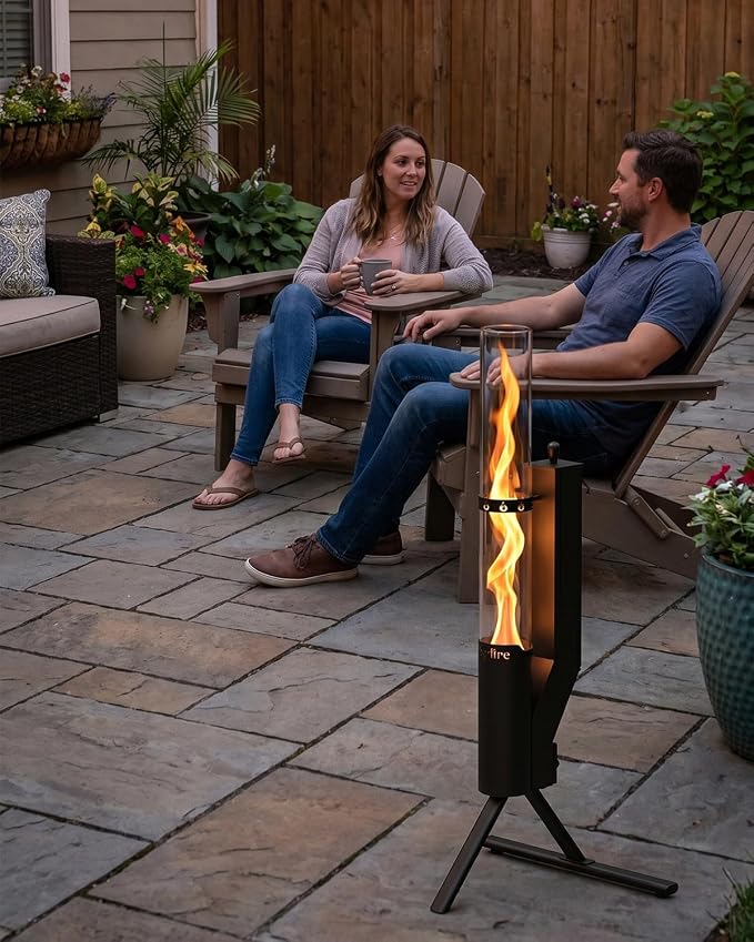 43" Wood Pellet Patio Heater with Glass Tube, Modern Fire Pit, Portable Pellet Heater for Camping Patio Backyard RV Tailgating, Add Warmth & Ambiance, FP056