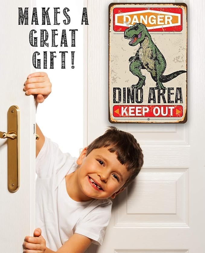 Metal Sign - Danger Dinosaur Area Keep Out - Durable Metal Sign - Use Indoor/Outdoor - Great Gift and Decor for Kid's and Play Room Under $20 (8" x 12")
