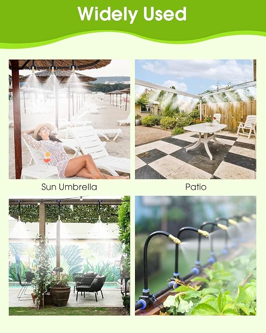 Mist Cooling Automatic Irrigation System-Misting System 33FT Misting Line & 10 Brass Misting Nozzles-Water Hose Mister Kit Sprinkler System for Outside Patio Outdoor Garden Greenhouse Trampoline Pool