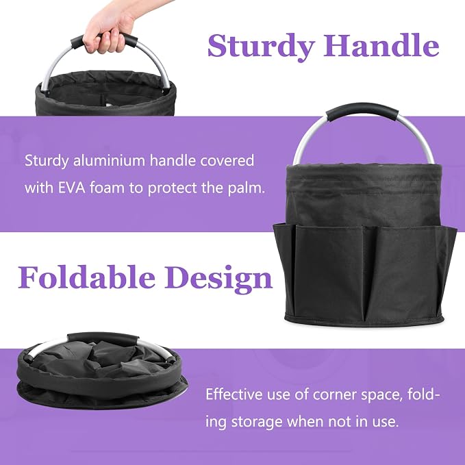 2Pack 17L Foldable Cleaning Supply Caddy for Family, Portable Shower Caddy with Handle and Pockets, Garden Tool Bag in 600D Oxford Fabric, Large Storage Basket for Dorm, Travel, Black + Pink