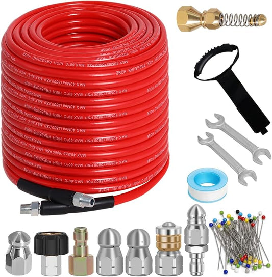 Sewer Jetter Kit for Pressure Washer 150FT, 5800PSI Drain Cleaner Hose 1/4 Inch NPT Corner with 5 Sewer Jetting Nozzles，Waterproof Tape，Pearl Corsage Pin & 2 Spanners (Red)