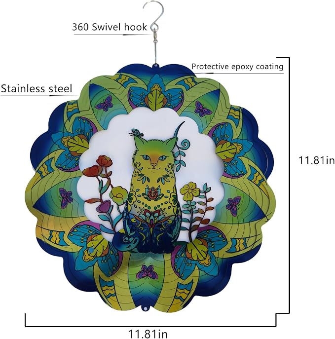 DJUAN Cat Stainless Steel Wind Spinners- Cat Memorial Gifts for Women Mom Grandma Wife, Pet Memorial Wind Spinner for Outdoor Garden Decor,12 inch Hanging Wind Spinner for Cat Lovers Gifts