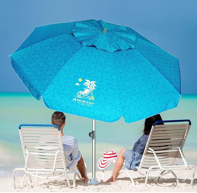 AMMSUN 7ft Heavy Duty High Wind Beach Umbrella with Sand Anchor & Tilt Sun Shelter UPF 50+ Protection Outdoor Sunshade Umbrellas Carry Bag for Patio Garden Pool Backyard Teal