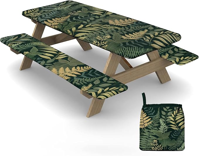 Picnic Table Cover with Bench Covers Elastic Edges, 3 Pcs Leaf View Fitted Table Cover with Drawstring Bag, Waterproof Windproof Aesthetic Camping Tablecloth, Outdoor Camping Essentials 72 Inch