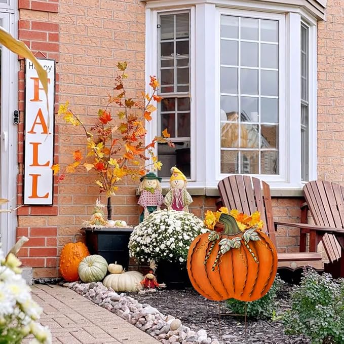 K KILIPES 26" H Metal Rustic Pumpkin Yard Stake - Outdoor Fall Decor Garden Stake Autumn Yard Sign for Porch Garden Home Patio Harvest Thanksgiving Halloween Decorations