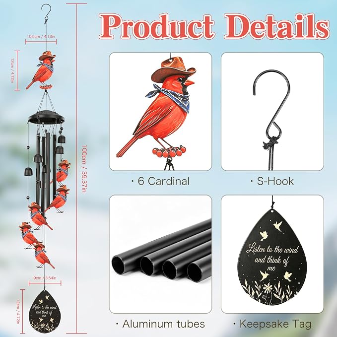 Cardinal Wind Chimes Outdoor Metal Windchimes Garden Patio Decor | Cardinal Gifts for Women Ideal Memorial/Housewarming/Birthday/Festival Gifts Front Yard Decor