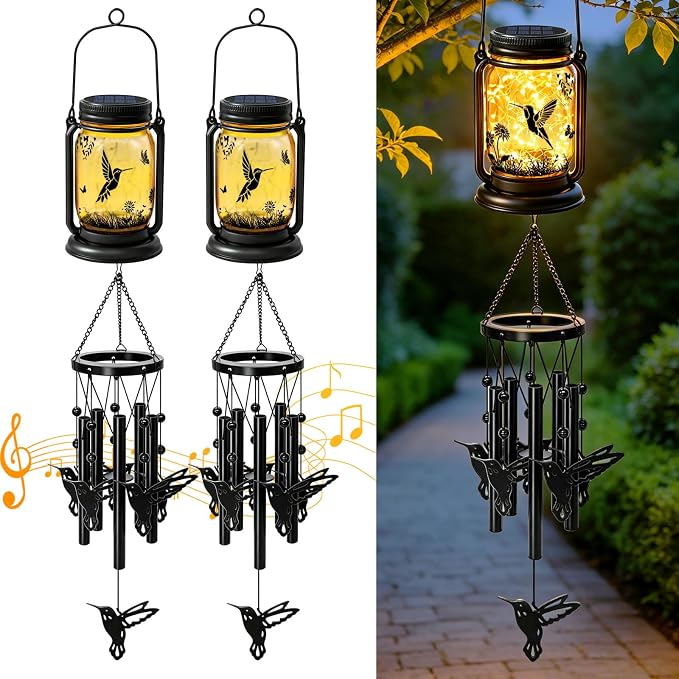 2 Pack Solar Hummingbird Wind Chimes for Outside, Birthday Mother' s Day Gifts for Mom Women Grandma,Solar Hummingbird Wind Chime Light Hanging Wind Chimes Outdoor,IP65 Waterproof, Yard Garden Terrace