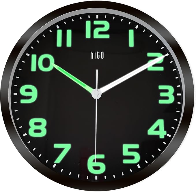 HITO 10 Inch Night Light Wall Clock Battery Operated Brightness Adjustable, Black Metal Frame, Glass Cover(Hands + Numbers Illuminate)