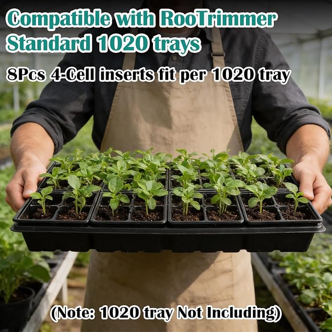 RooTrimmer 40 Pack Reusable 4-Cell Seed Starter Tray for Seedlings, Deep Large Cell Plant Starter Trays with Drainage Holes for Seed Germination, Easy Transplant, Fits Standard 1020 Flats, Black