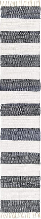 Unique Loom Chindi Rag Collection Area Rug - Striped (2' 2" x 10' Runner, Navy Blue/ Ivory)