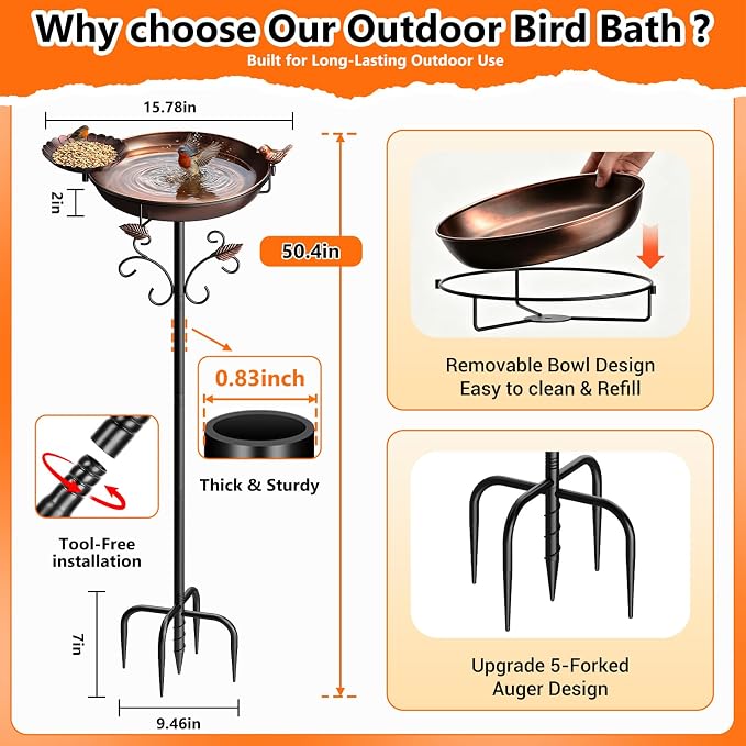 50" Tall Metal Bird Bath for Outside with Small Feeder Bowl, 2-in-1 Removable Birdbath Bowl, Heavy-Duty Easy Clean Garden Yard Lawn Patio Decor, Rust-Proof