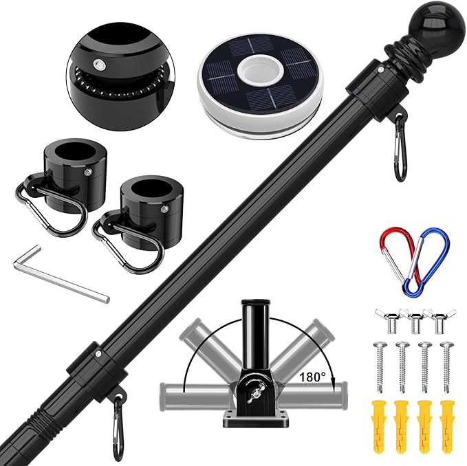 ZMTECH 6FT Flag Pole for Outside House with Solar Light, Tangle Free Stainless Steel Flag Pole Kit, 180° Adjustable Flag Pole Holder & Flag Holder Bracket, Black (No Flag)