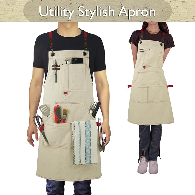 Work Aprons, Canvas Apron, Waterproof, Colorful Spots | Multiple Pockets for Cooking, Painting, Crafting, Gardening, Sizes M to XXL