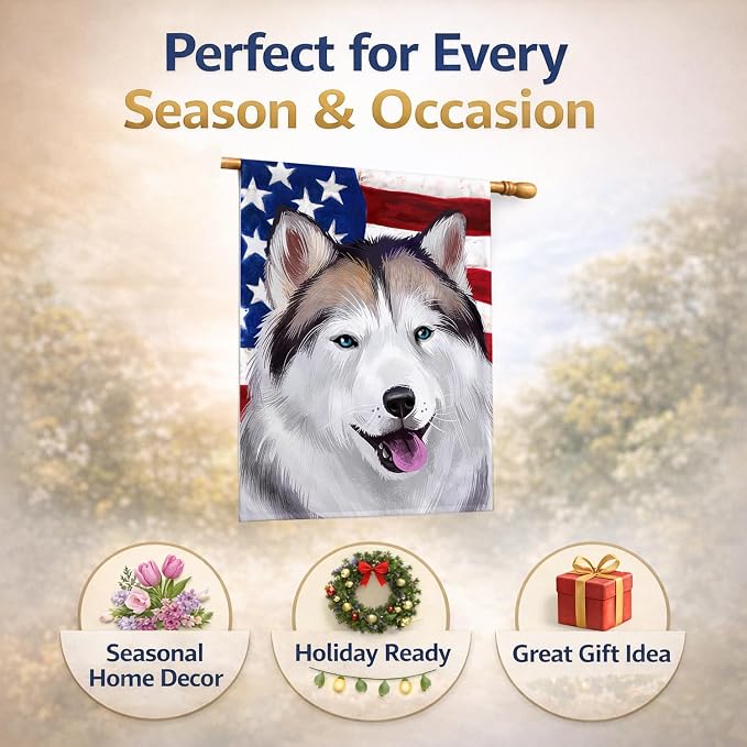 Caroline's Treasures CK6389CHF Alaskan Husky American Flag House Flag Large Porch Sleeve Pole Decorative Outside Yard Banner Artwork Wall Hanging, Polyester, House Size, Multicolor