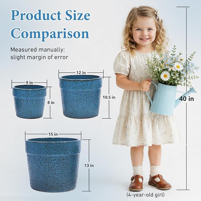 Ceramic Planters Set of 3, 15/12/9 Inch Indoor & Outdoor Large Plant Pots with Drainage Hole, Handmade Speckled Glaze Decorative Flower Pots for Indoor Plants, Patio & Garden, Antique Blue