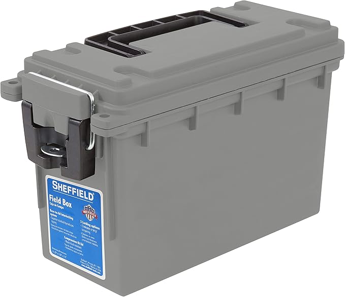 Sheffield Ammo Box Made in USA, Stackable Lockable Ammo Storage Box, Gray | Lockable Storage Box, Water and Dust Resistant Dry Box, Secures Hunting Gear, Gun Accessories, Supplies, and Bullets