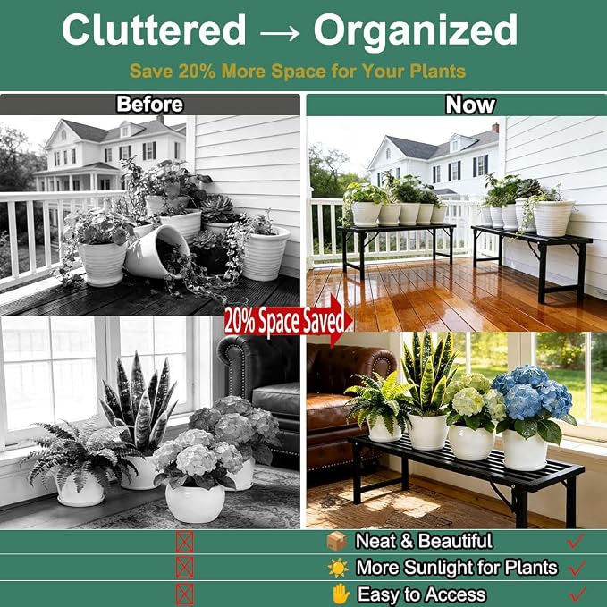 Foldable Plant Stand, No Assembly Heavy Duty Iron Plant Shelf, Rustproof Single Tier Plant Rack for Indoor Outdoor, Long Narrow Flower Stand for Patio Balcony Garden Living Room, 33" L x 9.7" W x 11.7" H