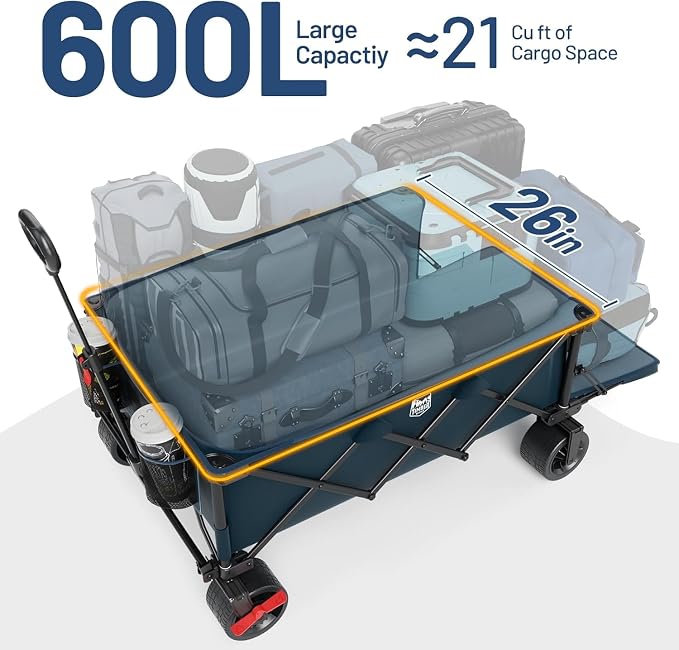 Timber Ridge 600L Beast Wagon 26" W Extra Wide Folding w/Big Wheels Cart | Cargo Net & Tailgate, 500lbs Heavy Duty All Terrain 55.25" L Collapsible Portable Carts for Camping, Sports, Dogs, Blue