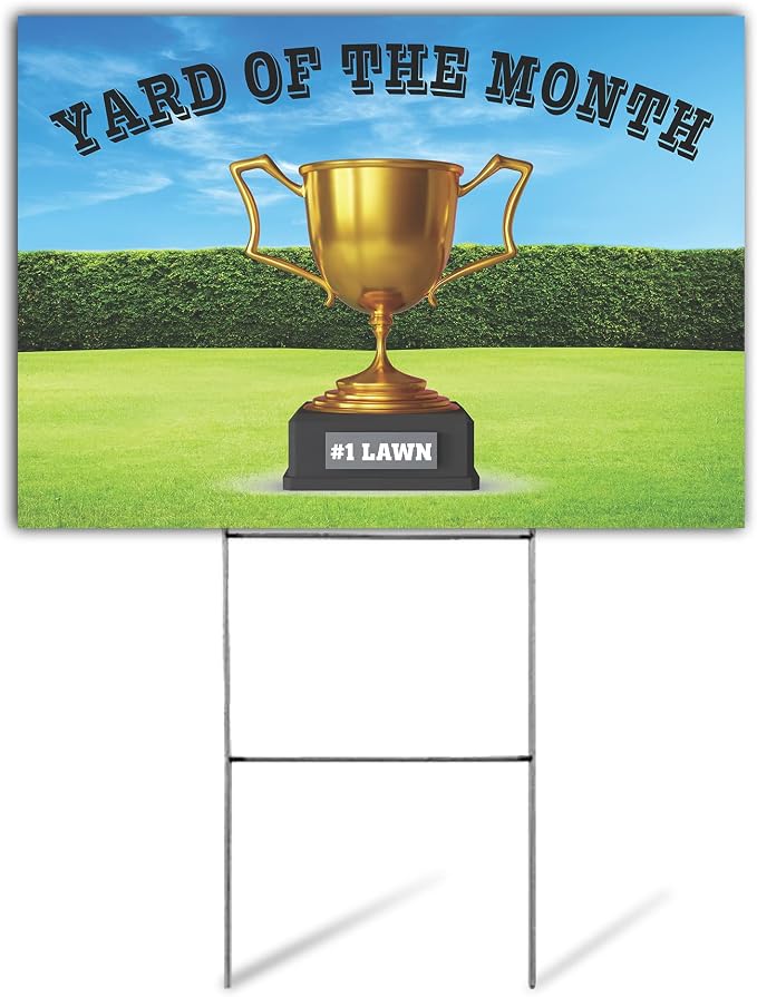 SignPro Yard of The Month Lawn Sign | Trophy Award Yard Sign | #1 Lawn of the Month Sign | 24" x 18" Corrugated Plastic Yard Signs with H Stakes | Double Sided (Generic)