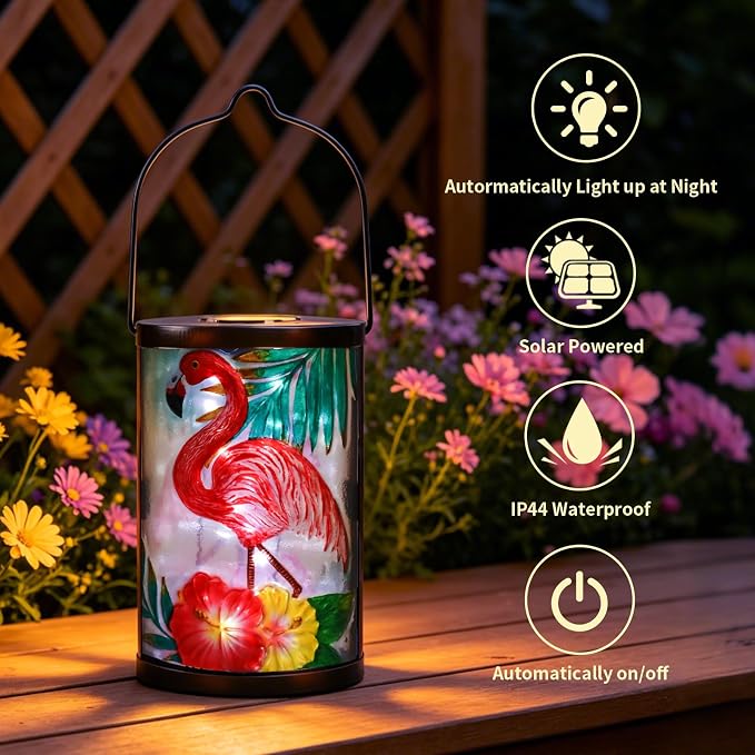 Hanging Solar Lantern Outdoor Waterproof Flamingo Solar Lights Glass Tabletop Decorative Lamp for Outdoor Patio Garden Outside Yard Decor