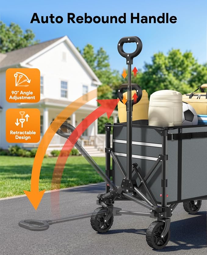 Collapsible Wagon Cart with Wheels 220lbs Foldable Wagon 120L Shopping Cart for Groceries Folding Utility Wagon for Beach, Garden, Camping, Sport, Apartment, Wheelbarrows, Gray