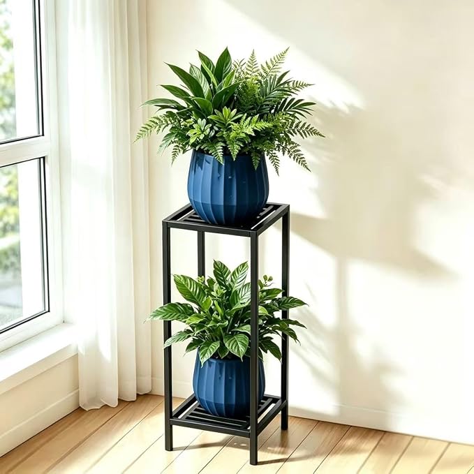 Zhongma 2 Tier 30" Tall Indoor Outdoor Plant Stand, 12 L x 12 W x 30 H inch, Heavy Duty Square Metal Flower Stand for Patio, Home, Garden, 220 LBS Capacity & Heavy Duty Construction