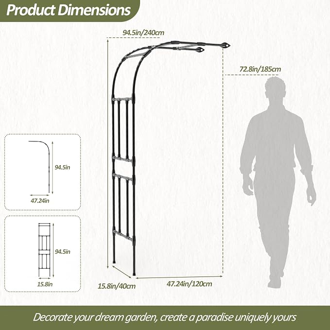 Half Garden Arch - 47in(L)*94.5in(H),Wall Trellis for Climbing Plants Outdoor, Metal Arch with Plastic-Coated Steel Pipe, Arbor Trellis for Lawn, Patio, Backyard Decorations(20MM Pipe)