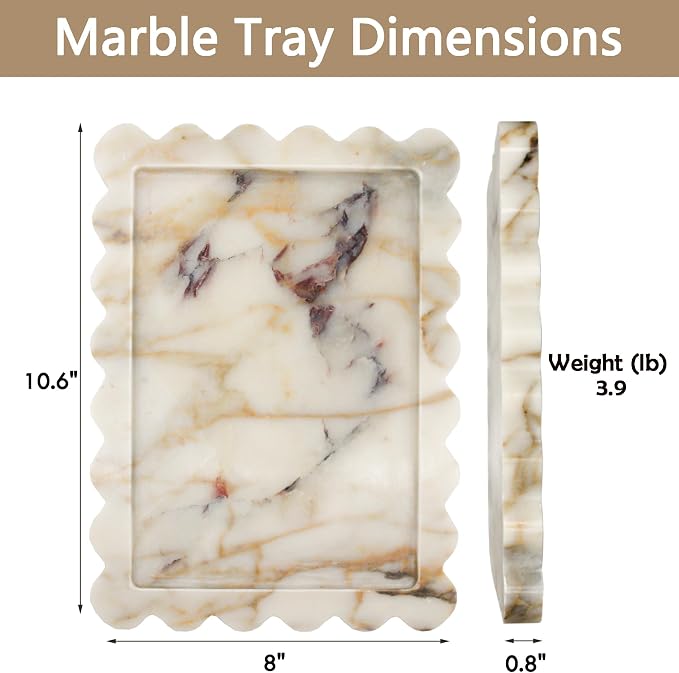 YMXYJM Genuine Calacatta Viola Scalloped Marble Tray, Real Natural Marble Stone Tray, Luxury Decorative Trays for Bathroom, Dresser, Vanity, Kitchen, Home Decor, 10.6" x 8", Calacatta Gold