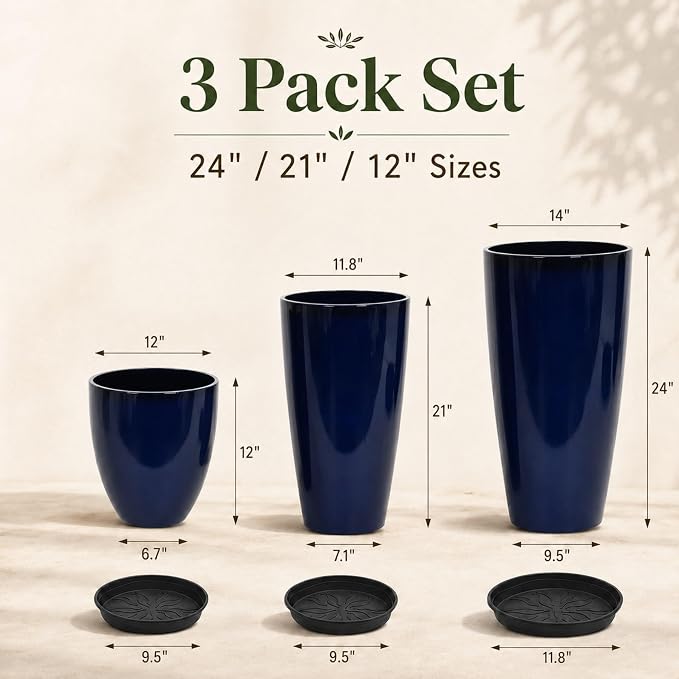 Neoaider Set of 3 Tall Planter, 24/21/12in Large Plastic Planter, Blue | Ceramic-Look, Lightweight, Built-in Drain Hole, Saucers, Tall Outdoor Planter for Porch, Garden, Patio, Balcony