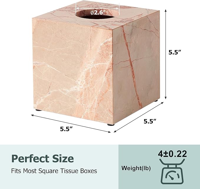 Real Natural Marble Tissue Box Cover, 5.5 Inch Square Marble Tissue Box Holder with Open Bottom, Heavy Stone Decorative Organizer for Bathroom Vanity, Kitchen Countertop, Luxury Home Décor