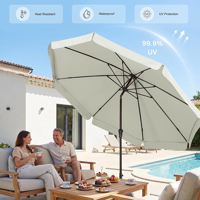 ABCCANOPY 11ft Scalloped Patio Umbrella, Outdoor Table Umbrella with Tilt and Crank, Fiberglass Ribs Deck Umbrella for Patio, Pool, Garden, Picnic (Light Beige)