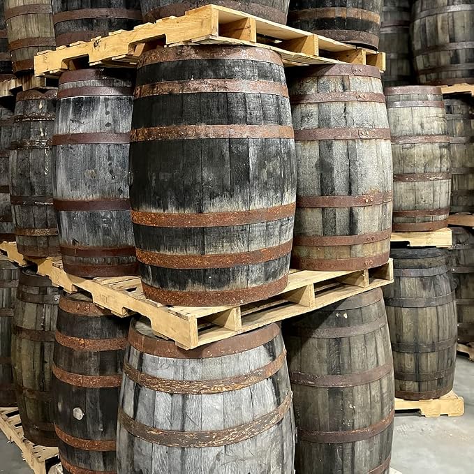 Midwest Barrel Company Authentic Whiskey Barrel (53 Gallons) Used Genuine American White Oak Wood Barrel with Steel Rings for Decoration, Furniture & DIY Projects