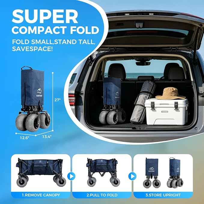 Heavy Duty Beach Wagon with 9" Big Sand-Proof Balloon Wheels, 200L Oversized Foldable Beach Cart, 440LBS Utility Wagon with Side Pocket for Sand,Camping,Vacation