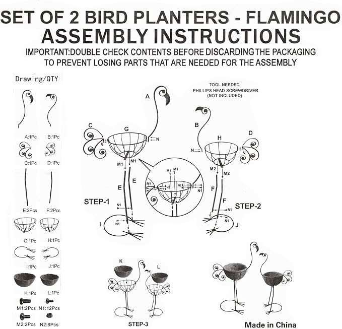 COOZZYHOUR Metal Flamingo Planter with Basket -Garden Bird Planters for Outdoor Indoor Lawn,Yard,Porch,Patio, Garden Decorations（Set of 2）