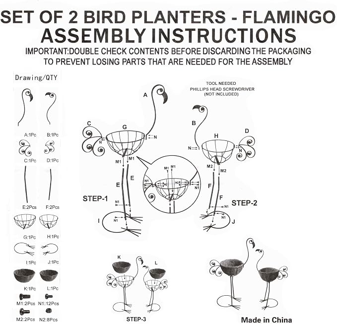 Pink Flamingo Planters,Metal Flamingo Plant Pots Decorations with Fiber Basket,Outdoor Indoor Standing Bird Planters Lawn Garden Décor Art for Lawn,Yard,Patio,Balcony Ornament（Set of 2）