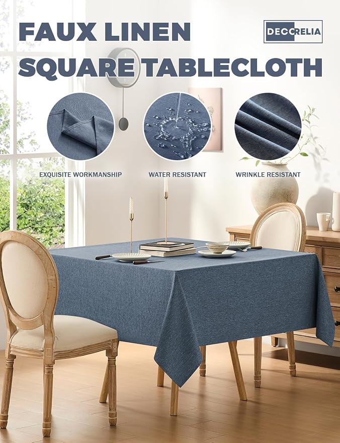 Decorelia Faux Linen Square Tablecloth for Dining Room,Waterproof Texture Decorative Farmhouse Rustic Table Cloth for Indoor Outdoor Party Holiday Banquet Picnics Patio 70x70 Inch (Square),Denim Blue