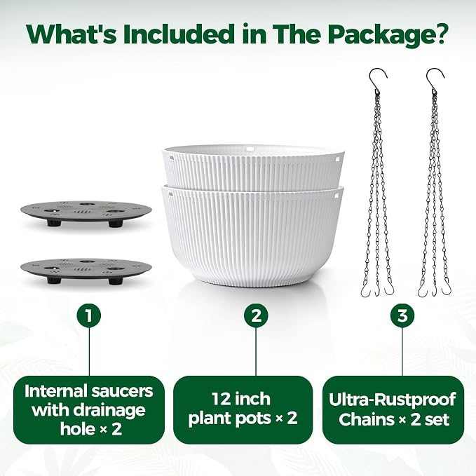 T4U 12 Inch Large Hanging Planters for Indoor Plants, 2 Pack Self Watering Pots Indoor, Hanging Baskets for Plants,Hanging Flower Pot with Drainage Hole and Plant Hanger, White