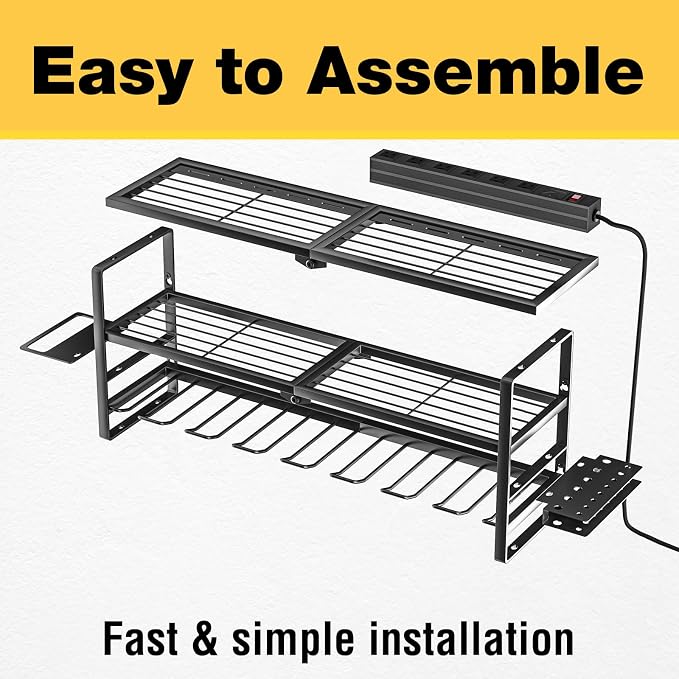 YYR Heavy Duty Power Tool Organizer with Charging Station, Cordless Drill Hanger Storage Rack, Battery Tools Holder Wall Mount Shelf for Garage - 32 Inch Equipped with Surge Protection Power Strip