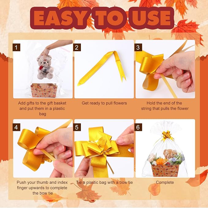 Qinyoung 12 Pcs Fall Basket for Gifts Empty 9.8 x 6.5'' Maple Leaves Gift Basket Empty to Fill with Handles, Bows, Plastic Bags and Twist Ties for Autumn Thanksgiving Party Favor Supplies