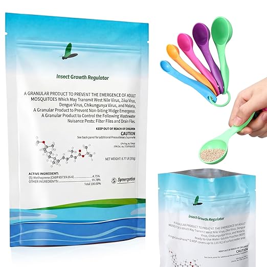 Mosquito Larvae Pouches Dissolves in Water with Measuring Spoon Treats Up to 46200 Gallon 4.25% S-Methoprene IGR Biological Control Won't Harm Fish Bird EPA Certified Rain Bath Pool 350g