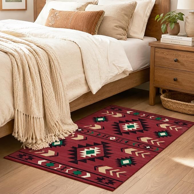 Western Rug 2x3 for Entryway Indoor Mat, Southwestern Aztec Tribal Rugs Southwest Navajo Machine Washable Entrance Rug Non-Slip Printed Low-Pile Entry Floor Carpet Doormat for Bedroom Bathroom, Red