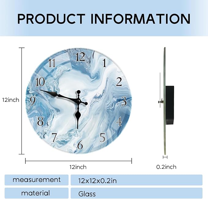 Britimes Round Wall Clock Silent Non-Ticking Battery Operated Outdoor Waterproof Glass Clock 12 Inch, Blue Marble Home Decor for Living Room, Kitchen, Bathroom, Bedroom, and Office