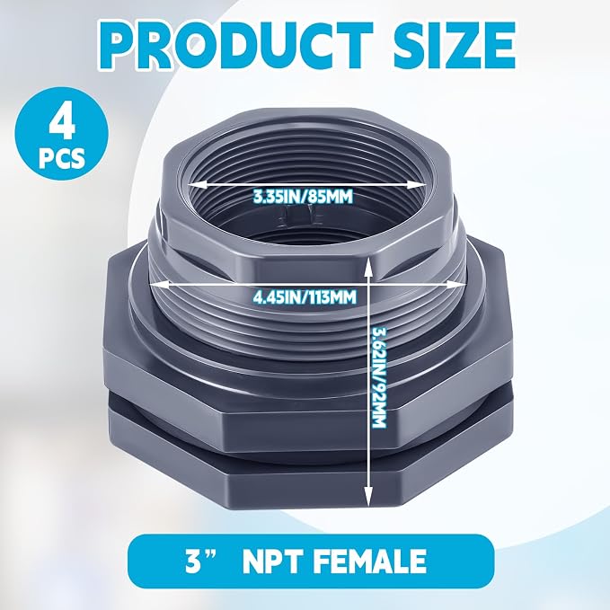 4 Pcs 3 Inch Bulkhead Fitting PVC Water Tank Connector Plumbing Pipe Threaded Bulkhead Fitting NPT for Rain Barrels, Water Tanks, Aquariums, Tubs, Pools
