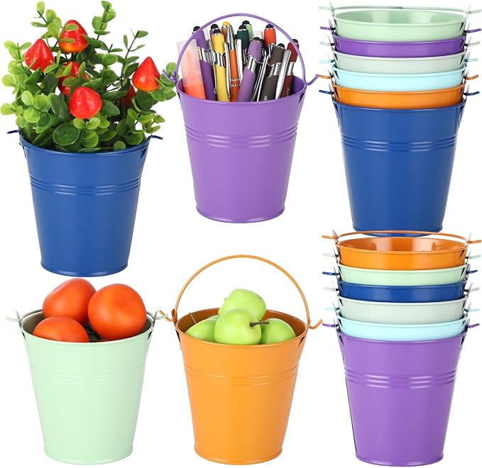 24 Pcs Small Metal Buckets with Handle, 3.9 in Multicolor Mini Buckets Party Favors, Tinplate Iron Buckets for Party Decoration, Wedding Favors, DIY Flower Pots