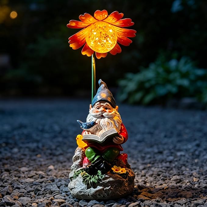 COWOS Solar Powered Garden Gnome Statue with Glowing Flower Light, Hand-Painted Resin Figurine for Outdoor Patio, Yard, Lawn Decor, Gift for Garden Lovers