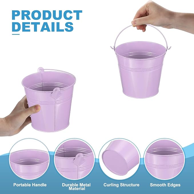 PATIKIL 5.1"x4.7" Small Metal Buckets with Handle, 12 Pcs Mini Galvanized Bucket Colorful Easter Buckets for Crafts Party Favors Decoration, Light Purple