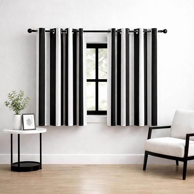 100% Blackout Curtains – Classic Black and White Stripe Curtains, 2 Panels, Each W52×L54, Thermal Insulated, Nosie Reducing for Bedroom and Living Room