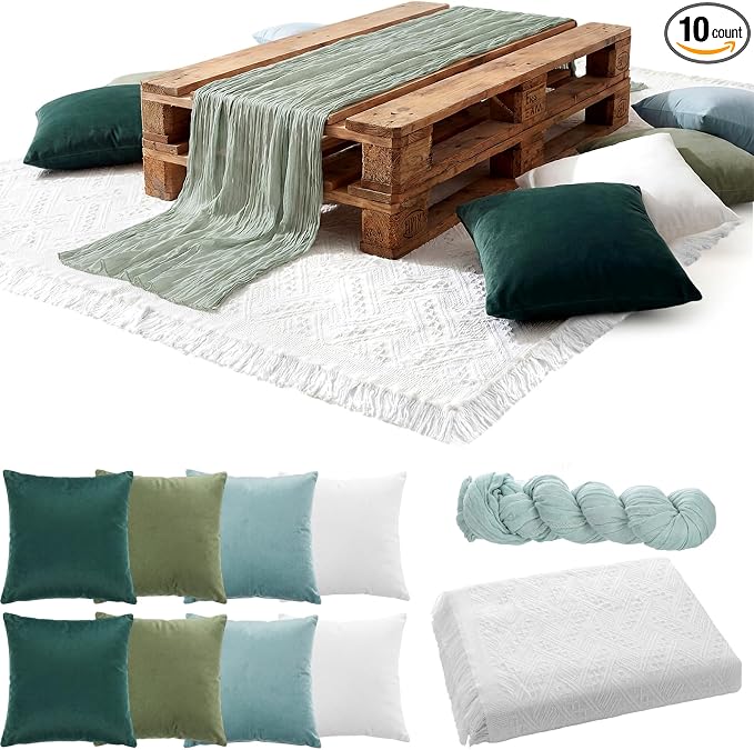 Moukeren 10 Pcs 71''x102'' Extra Large White Outdoor Boho Picnic Blanket with Table Runner and 8 Throw Pillow Covers Oversized Washable Portable Beach Blanket for Picnic Camp Lawn Wedding
