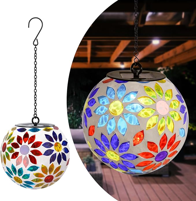 Mosaic Solar Lantern Outdoor Waterproof Glass Hanging Solar Lights, Multi | Solar Hanging Lantern IP44 Waterproof Mosaic Gazing Ball with White LED Lights, Metal Hanging Chain, Outdoor Pathway Decor
